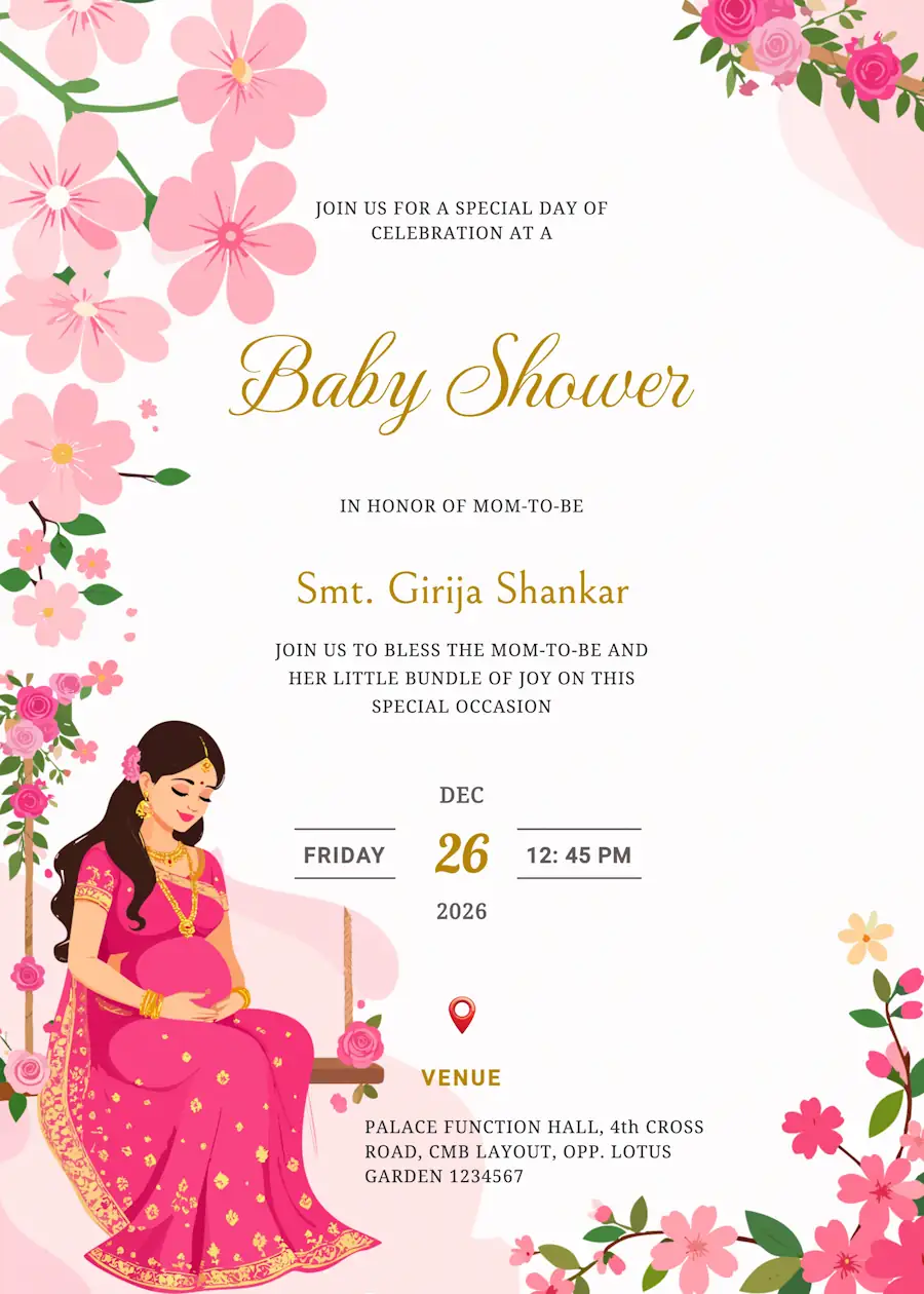 Pink floral women in saree - Baby shower invitation