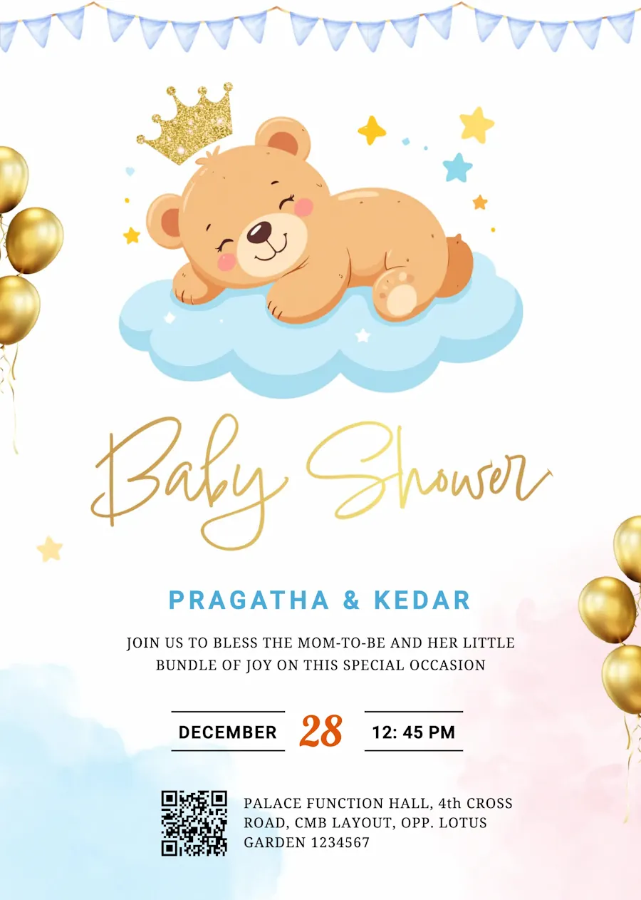Teddy and balloons - Baby shower invitation