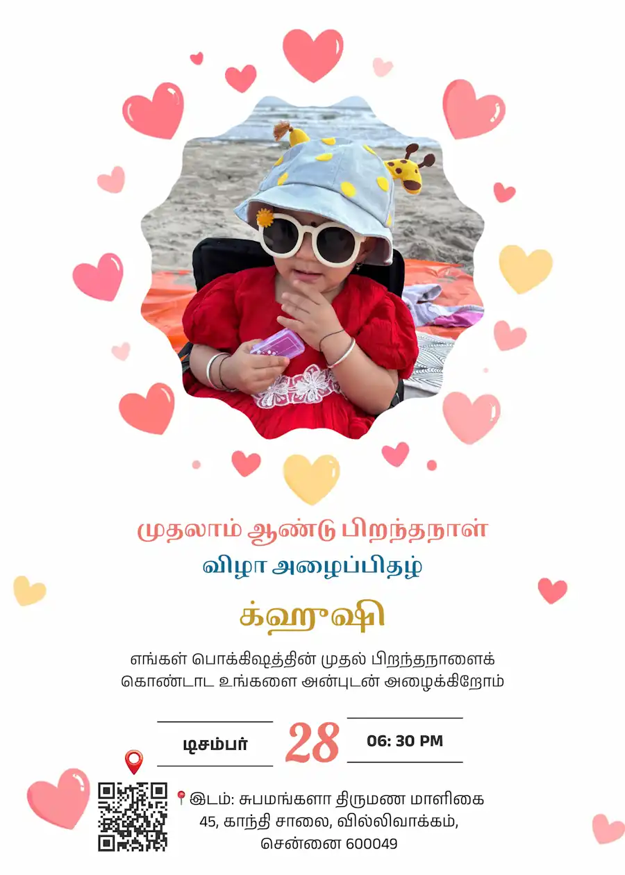 Little hearts photo frame - Tamil birthday invitation