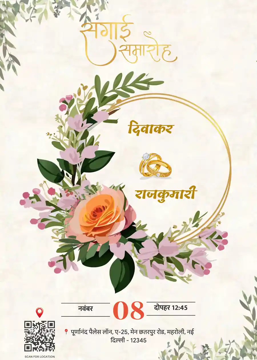 Cream and green modern floral - Hindi engagement invitation