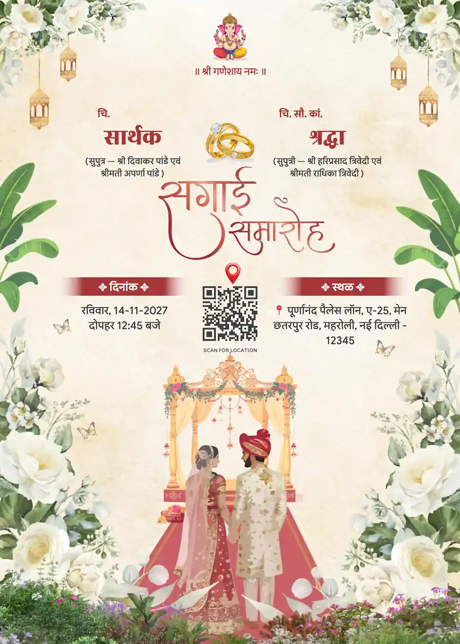 Indian heritage green and cream white - Hindi engagement invitation