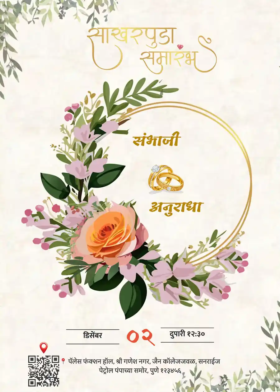 Cream and green modern floral - Marathi engagement invitation