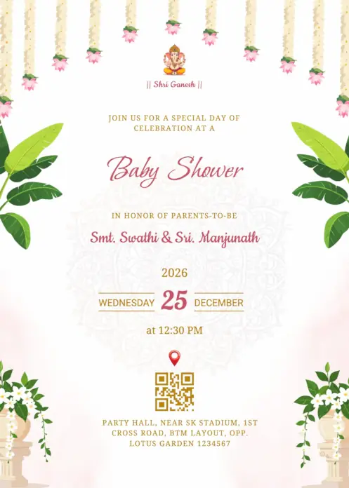 Baby shower invitation featuring a central mandala design, floral accents and Lord Ganesha at the top