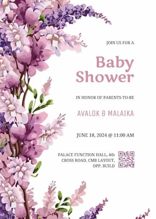 Baby shower invitation featuring a vertical purple and pink wisteria floral design along the left side