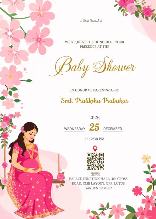 Pregnant woman sitting on a decorated swing, featured on a baby shower invitation