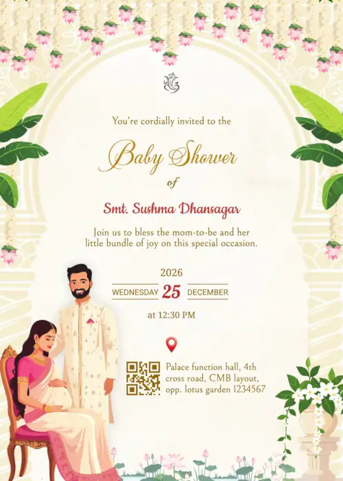 Baby shower invitation with pink lotus, cream arch and expecting parents in festive attire
