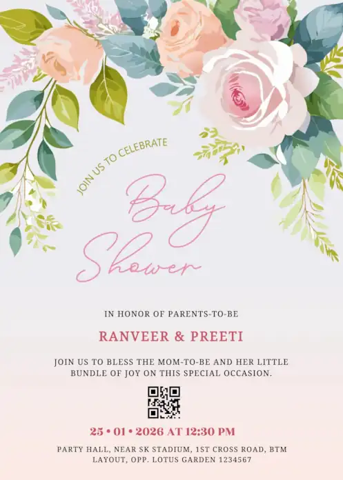 Baby shower invitation with soft pink roses