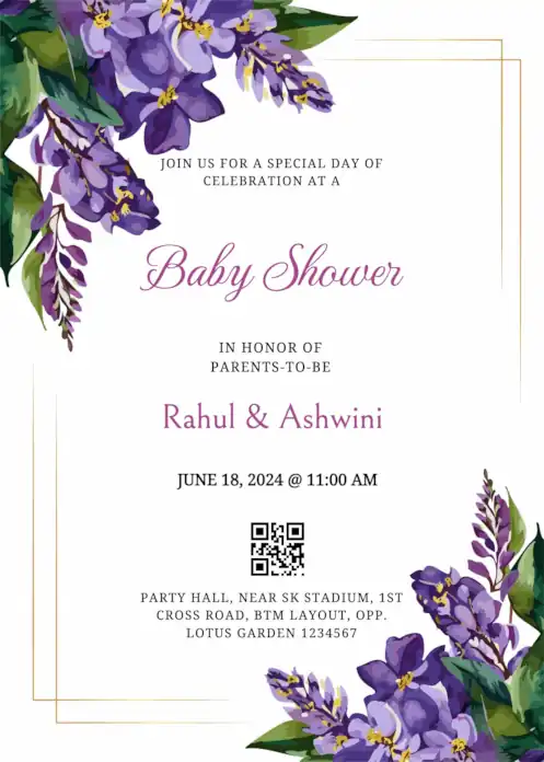 Elegant baby shower invitation with double golden corner frames and purple floral accents in opposite corners