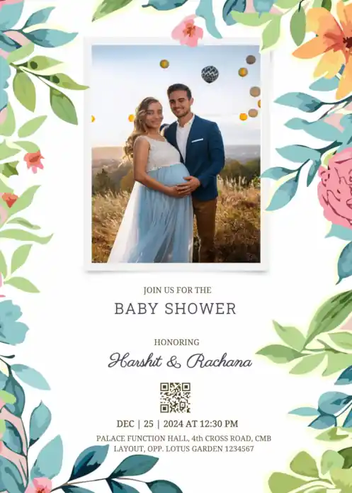 Floral baby shower invitation with portrait central couples photo placeholder