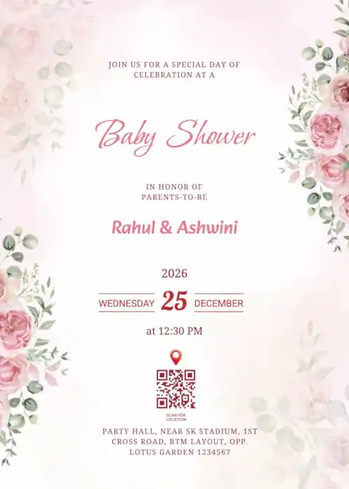 Light pink baby shower invitation featuring bunch of roses & soft flowers.