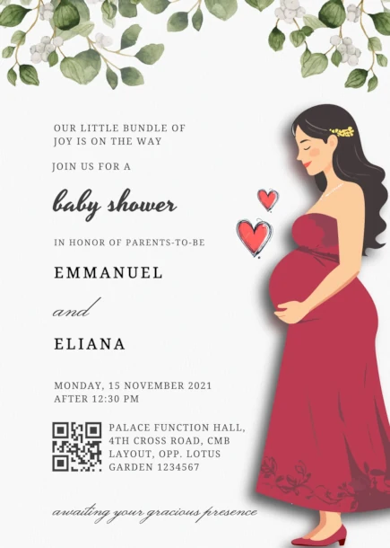 Modern baby shower invitation featuring a pregnant woman in contemporary attire holding her belly