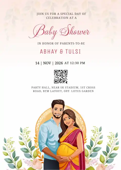 Pink green baby shower invitation featuring Indian couple with leaf decor.