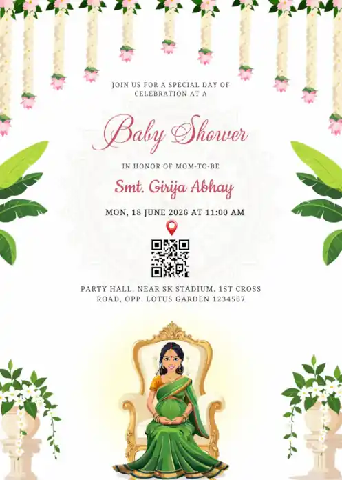 South Indian baby shower invitation featuring pregnant woman in green saree on royal chair & festive decor