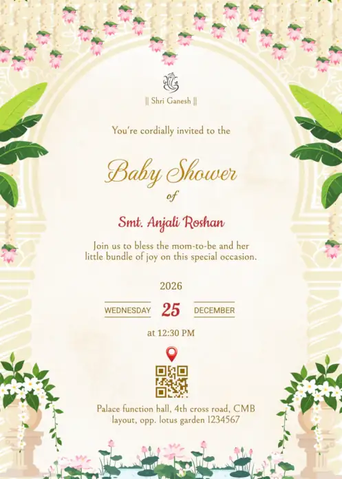 temple arch style baby shower invitation featuring small lord ganesha icon, hangling lotus