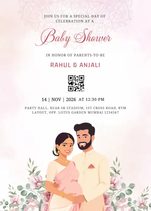 watercolor baby shower invitation featuring couples, women in saree & men in kurta