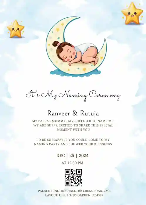 Naming ceremony invitation featuring a cute baby sleeping on the moon with a smiling cartoon star on a blue background