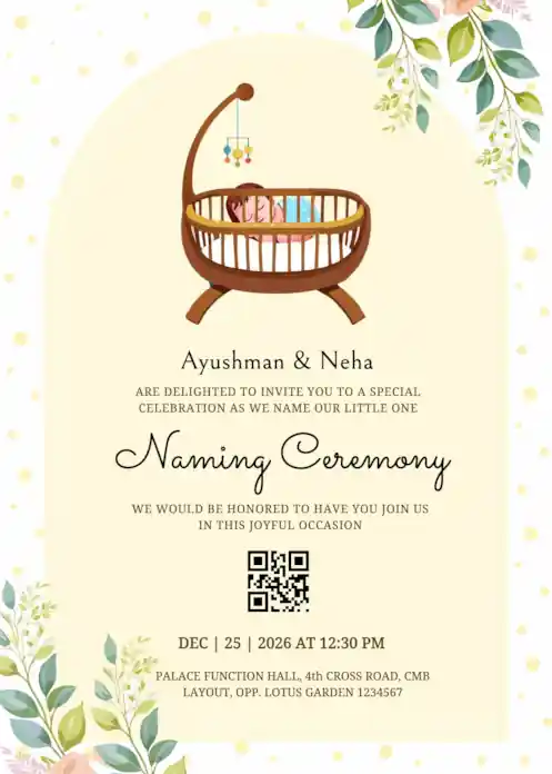 Light yellow arch naming ceremony invitation featuring a baby boy sleeping in a cradle