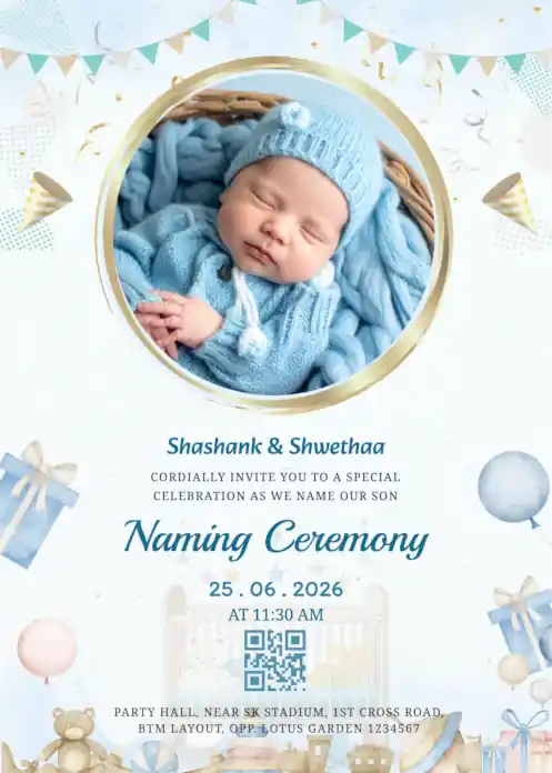 Blue color baby boy naming ceremony invitation with photo upload feature