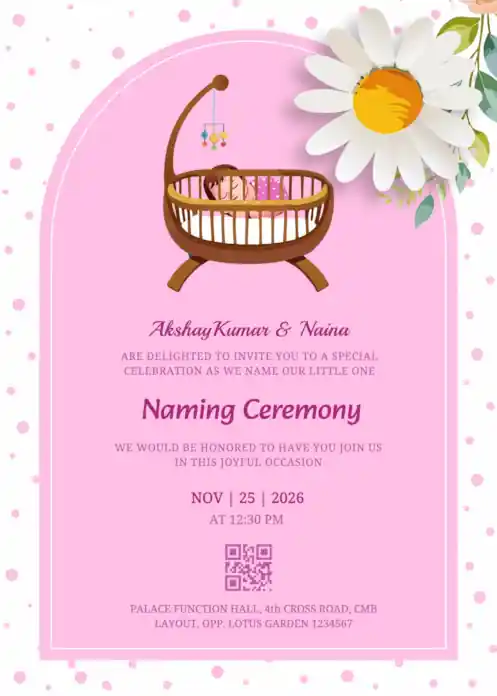Light pink arch naming ceremony invitation featuring a baby girl sleeping in a cradle