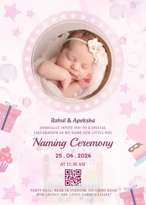 Pink color baby girl naming ceremony invitation with photo upload feature
