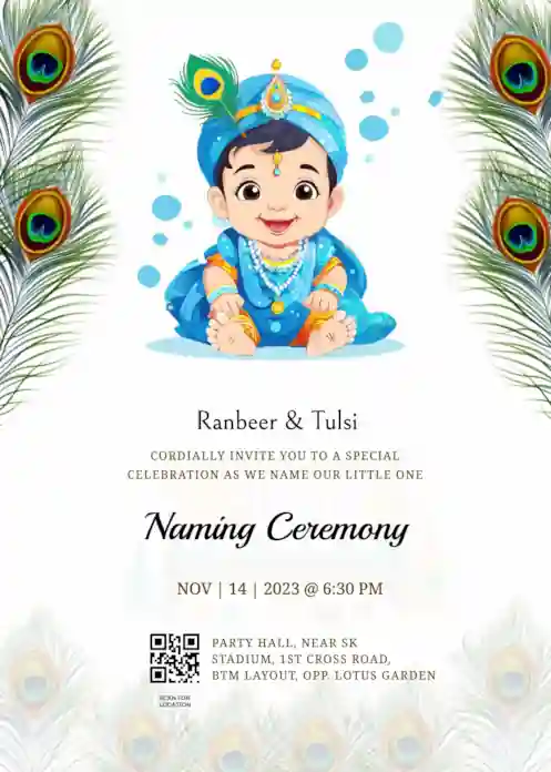 Indian naming ceremony invitation with Bal Krishna illustration and traditional peacock feather motif