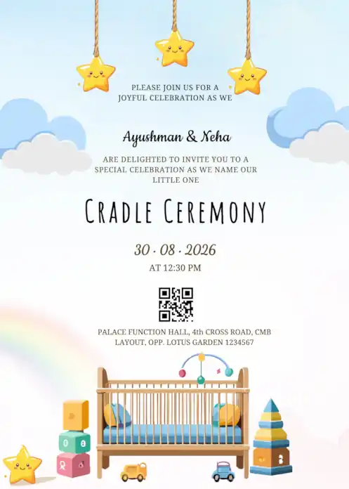 Cradle ceremony invitation featuring a wooden cradle, smiling stars, blue clouds and a rainbow