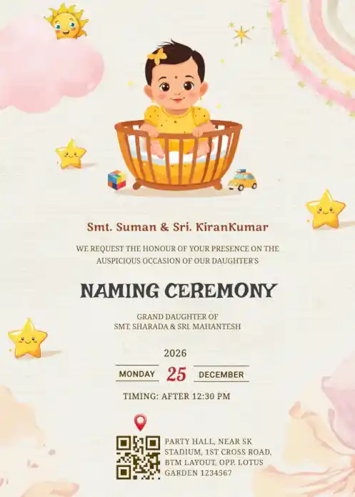 Cute baby girl naming ceremony invitation featuring a cartoon rainbow, sun, stars, and a girl in a yellow dress sitting in a cradle