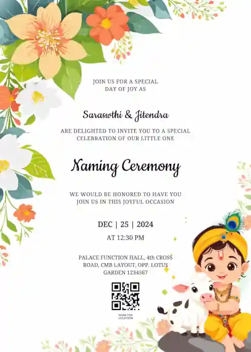 Naming ceremony invitation featuring a cute baby Krishna, calf, and elegant top corner flowers decor