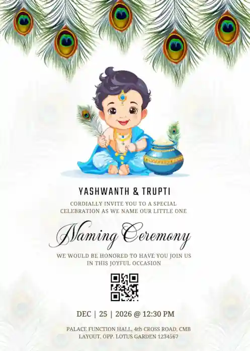 Naming ceremony invitation featuring cute cartoon baby Krishna with a dahi handi butter pot and peacock feather