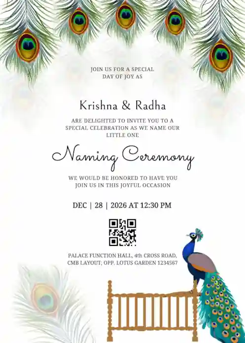 Naming ceremony card with peacock standing on a cradle illustration and elegant peacock feather decor