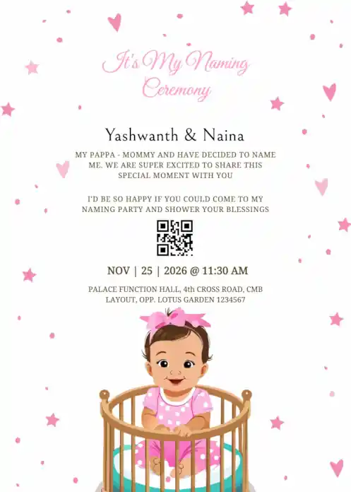 Baby girl naming ceremony invitation featuring a cute baby girl playing in a pink dress and tiny pink stars background illustration