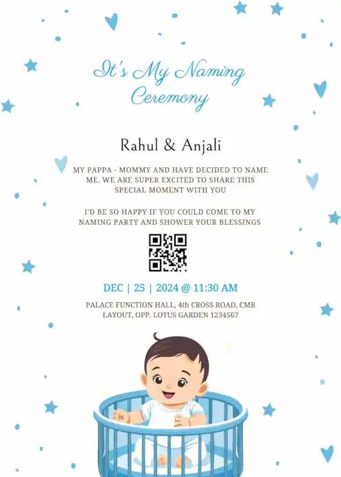 Baby boy naming ceremony invitation featuring a cute baby boy playing in a blue dress and tiny blue stars background illustration