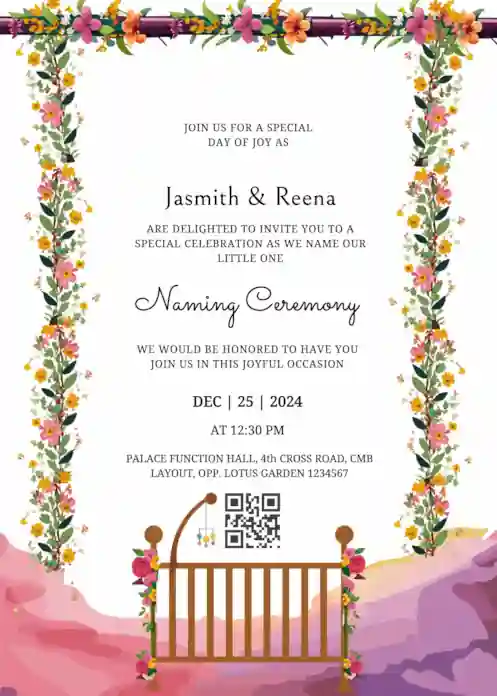 Elegant naming ceremony invite with watercolor floral decor illustration