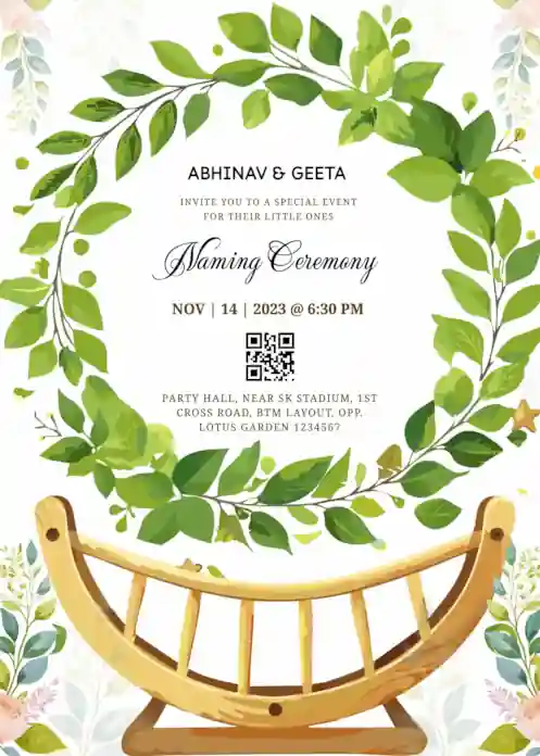 Modern naming ceremony invite with green background and an illustrated curved cradle with round leaves decor