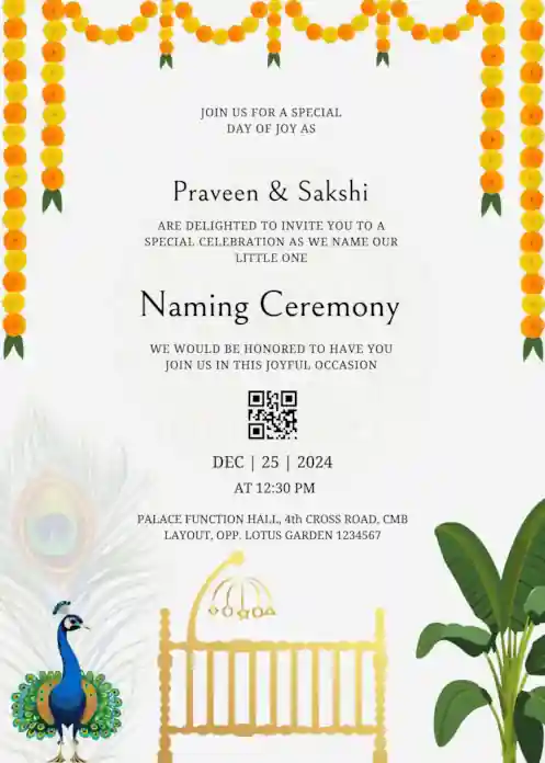 Naming ceremony invite featuring a golden cradle, elegant peacock, and traditional marigold garlands