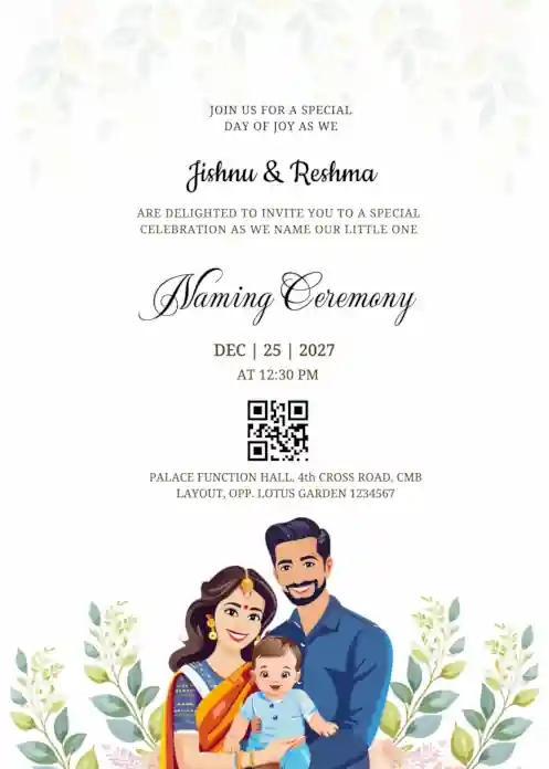 Naming ceremony invitation featuring mom and dad holding baby, framed by elegant floral decoration