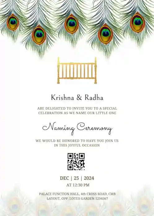 Naming ceremony invitation featuring a golden cradle at center and colorful peacock feather watermark design