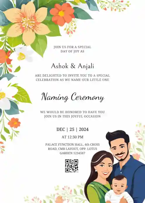 Naming ceremony invitation with beautiful green floral decor illustration featuring parents holding baby