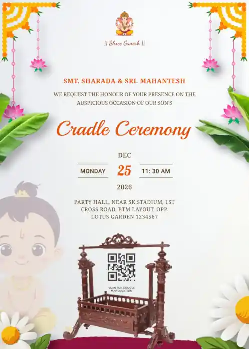 Traditional cradle ceremony invitation featuring a wooden cradle, marigold garlands, banana plants, and a Lord Ganesha icon