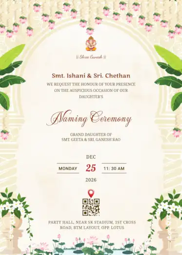 Temple arch style traditional naming ceremony invitation featuring small lord ganesha icon, hangling lotus and lotus pond
