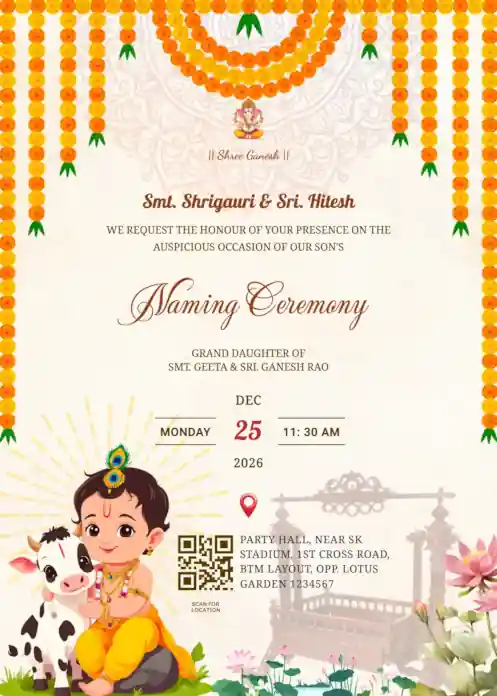 Naming ceremony invitation template featuring a cute baby Krishna illustration, a small calf and festive marigold decor