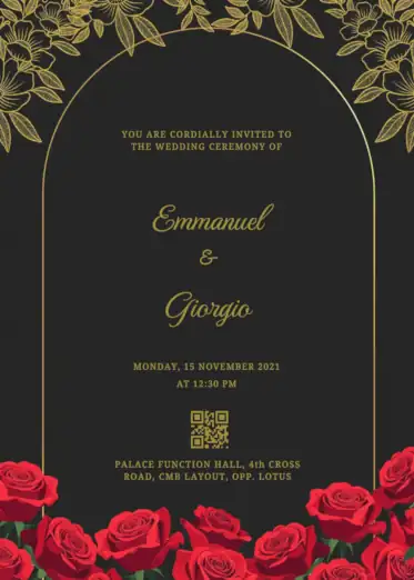 Elegant dark wedding invitation featuring vibrant red roses and a decorative golden motif on top