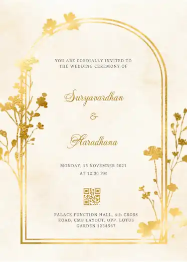Elegant wedding invitation in golden shades featuring a decorative golden arch frame