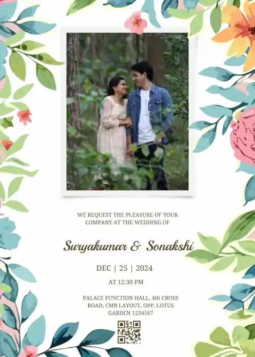 Floral photo wedding invitation with portrait central couples photo placeholder