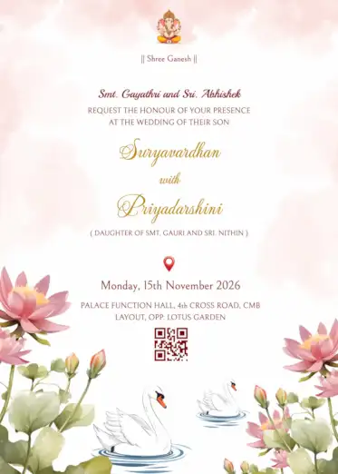 Ganesha wedding invitation featuring a white swan swimming in a lotus pond with watercolor textures