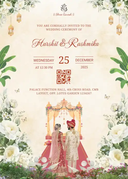 Cream wedding invitation card with maroon font, couple on red carpet and white floral garden accents