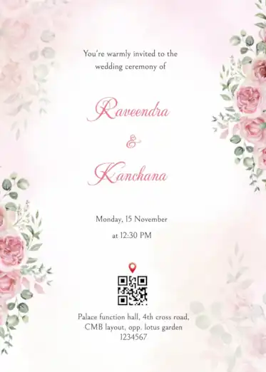 Light pink wedding invitation featuring bunch of roses & soft flowers