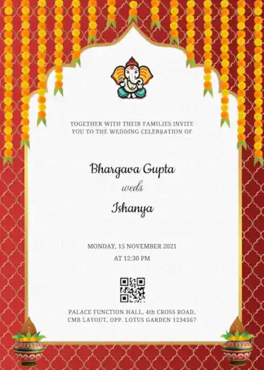 Lord Ganesh wedding invitation card with temple architecture and marigold garlands on top