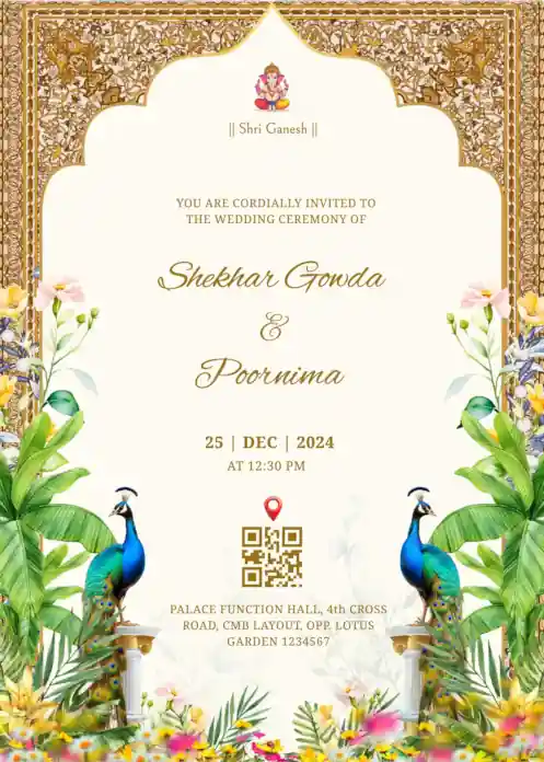 Luxurious Indian themed wedding invitation card featuring a gold archway, exotic greenery and majestic peacocks