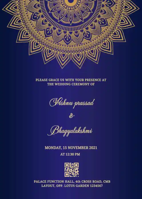 Luxury royal blue wedding card with a shimmering golden mandala design on a dark blue background
